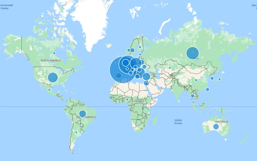 Heat map of internet-exposed CODESYS devices, most of which appear throughout Europe.