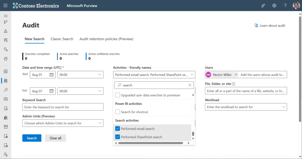 Screenshot of Microsoft Purview Premium Audit solution showing ability to investigate email and SharePoint searches.