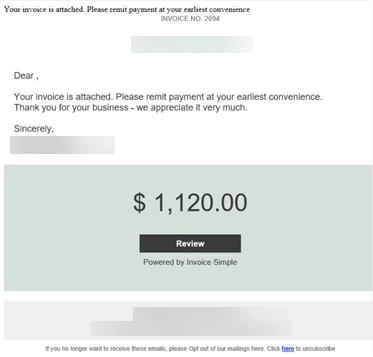 Screenshot of invoice-themed lure email 