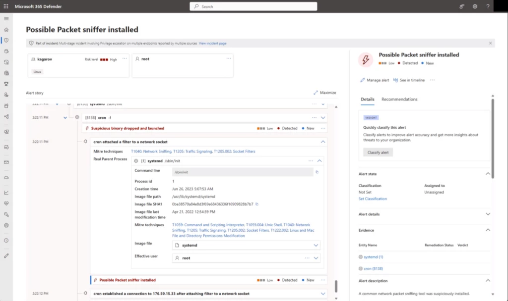 A screenshot of the Microsoft 365 Defender portal showing detection of traffic signaling and network sniffing.