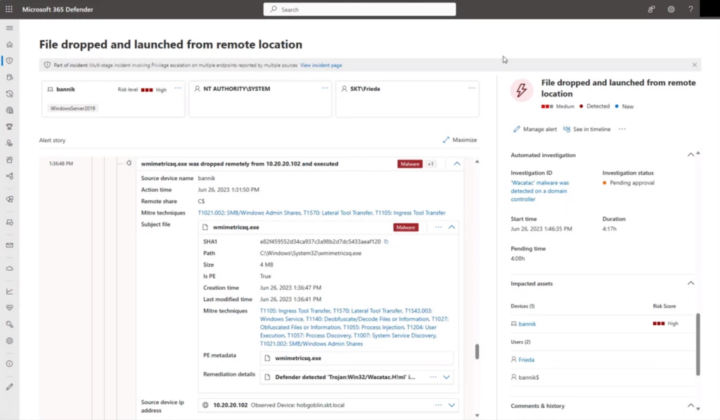 A screenshot of the Microsoft 365 Defender portal showing tools being transferred across hosts.