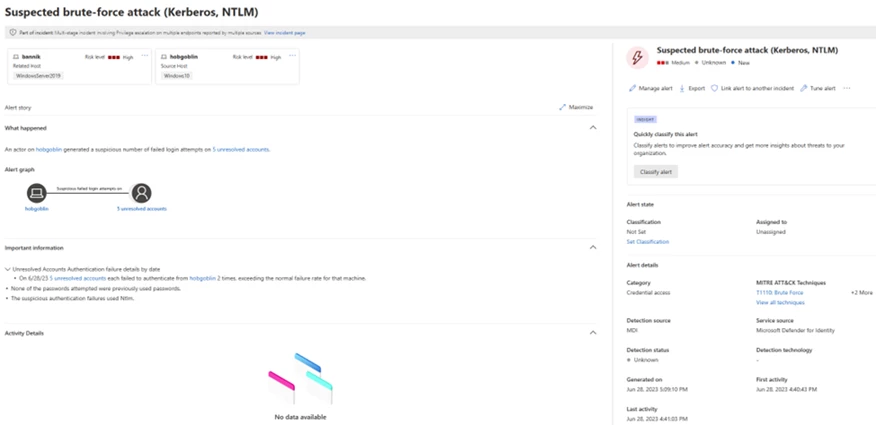 Screenshot of the Microsoft 365 Defender portal showing details on a suspected brute-force attack.