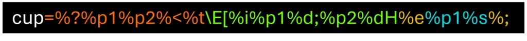 A line of code reading cup=%?%p1%p2%<%t\E[%i%p1%d;%p2%dH%e%p1%s%;,