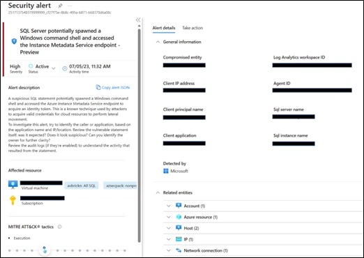 A screenshot of the security alert page from Microsoft Defender for Cloud for detecting IMDS calls from SQL Server instances.