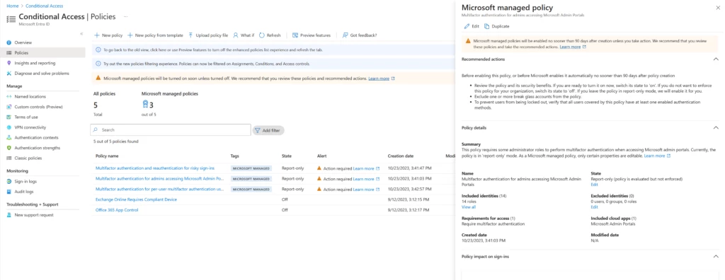 Tenant with Microsoft managed Conditional Access policies. The policy details are shown in a context pane to the right, indicating that the selected policy requires certain administrator roles to perform multifactor authentication when accessing the Microsoft admin portal.