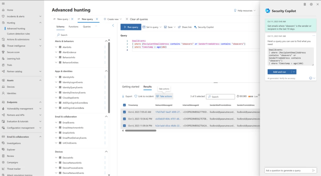 Screenshot of the Microsoft 365 Defender portal where Microsoft Security Copilot is embedded in a security analyst workflow where they use natural language to create a complex KQL query for advanced hunting. 