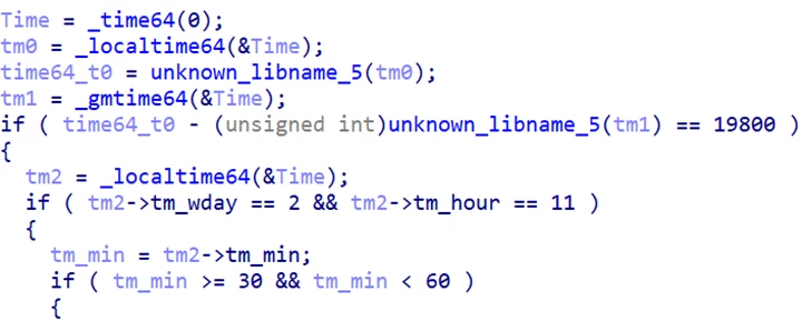 screenshot of malware code for checking date and time of the host