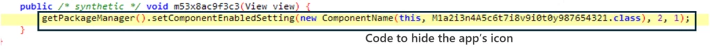 Screenshot of code hiding the app's icon from the home screen and app tray. 