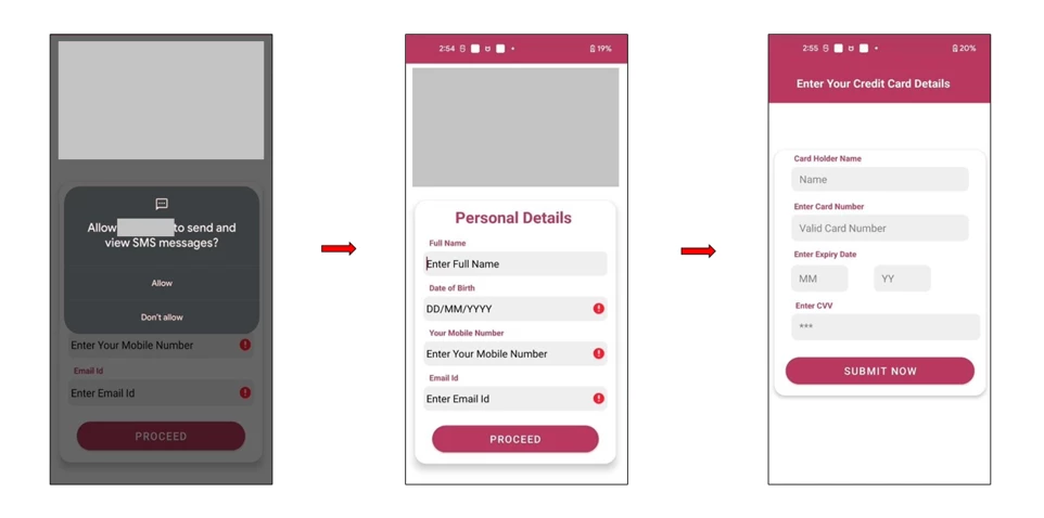 Three mobile screenshots from left to right: A fake app requesting SMS permissions, followed by requesting users' personal details, followed by their card details.