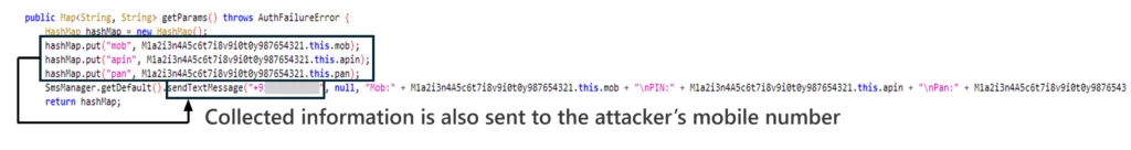 Screenshot of code displaying how collected information is also sent to the attacker's mobile number. 