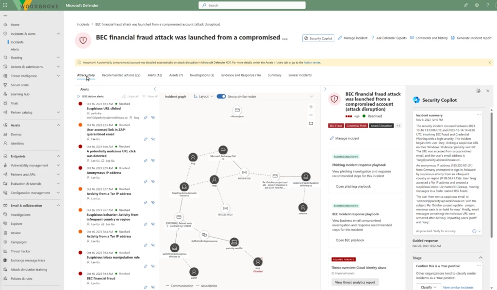 Incident attack story with a sidebar showing the Security Copilot incident summary.