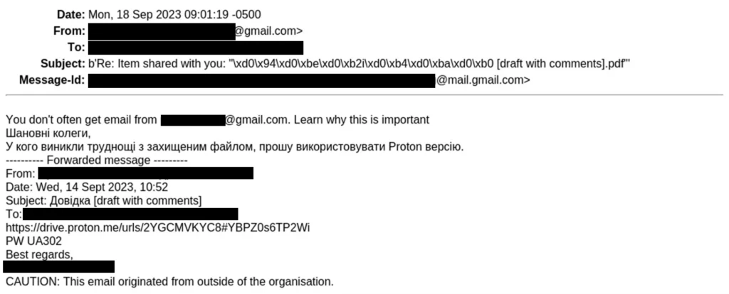 Screenshot of an example spear-phishing email with a password protecting link to Proton Drive