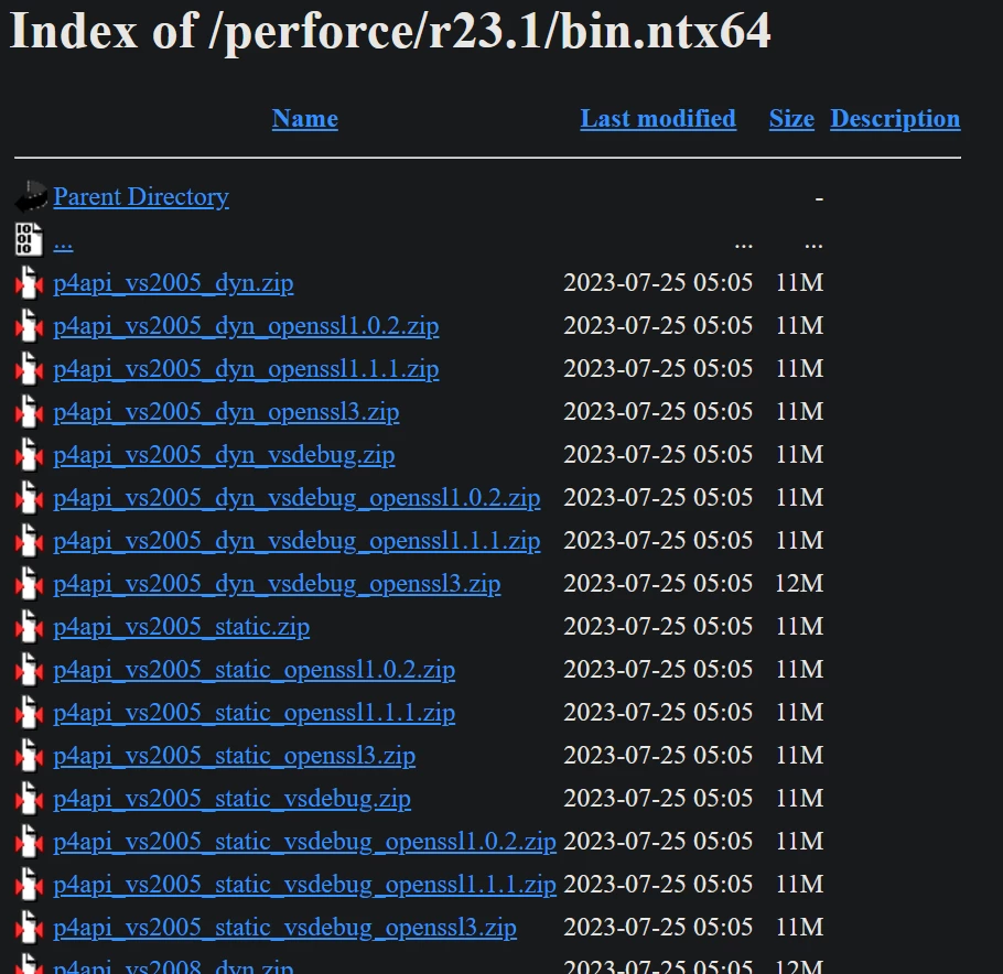 Screenshot of several p4api SDK packages