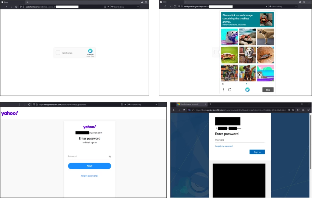 Four screenshots of what the PDF lures look like when opened, such as a CAPTCHAs or sign-in pages.