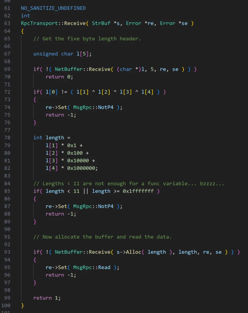 Screenshot of source code for RpcTransport::Receive()