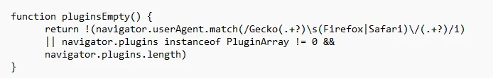 A screenshot of code for a function that checks if the browser has any plugins installed