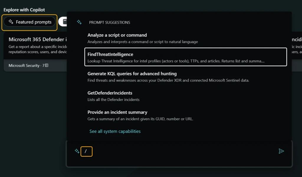 Example of the “featured prompts” tab within Microsoft Security for Copilot.