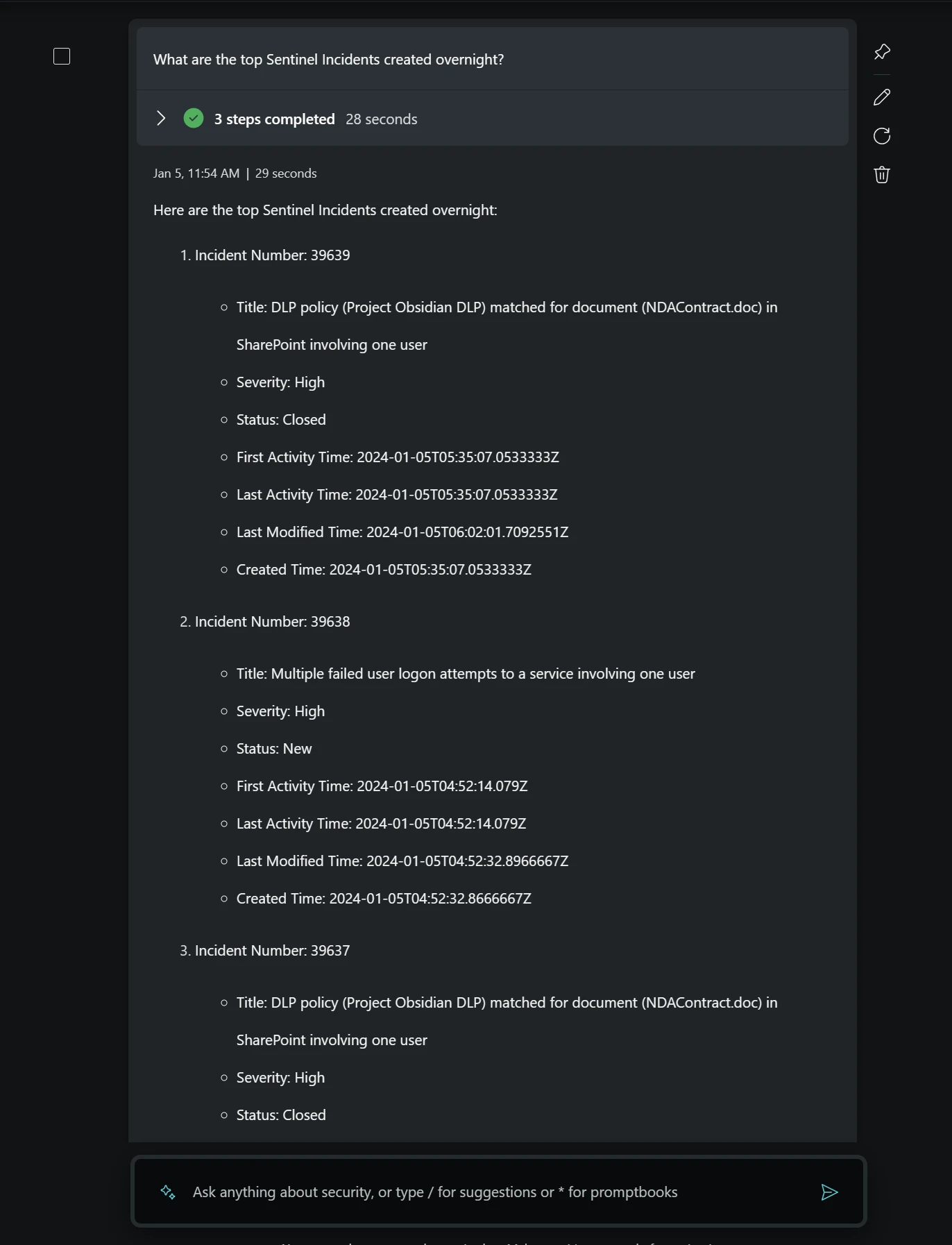 Output of the “top 5 Microsoft Sentinel Incidents created overnight” prompt output showing list of the requested incidents.