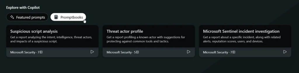 Dashboard view of Promptbook examples in Microsoft Copilot for Security. 