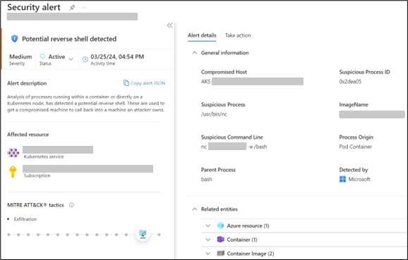 Screenshot of Microsoft Defender Containers alert for detection of potential reverse shell