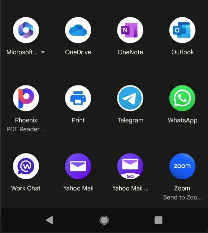 Android share sheet dialog displaying apps such as OneDrive, OneNote, Outlook, and others.