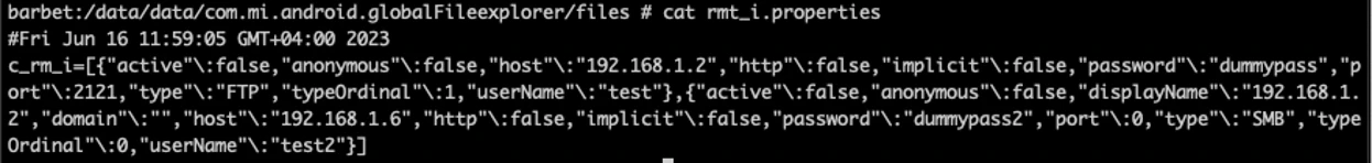 Screenshot of code displaying the SMB or FTP credentials being saved in clear text
