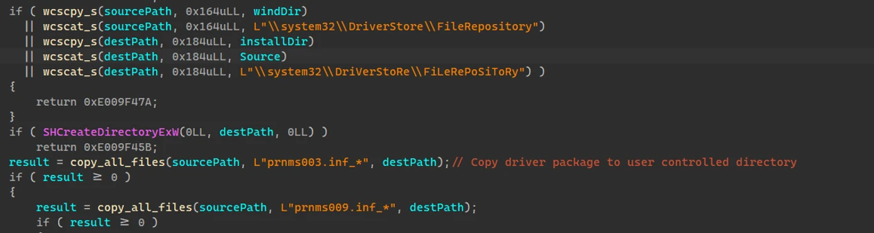 Screenshot of code depicting the GooseEgg binary adding driver stores to an actor-controlled directory