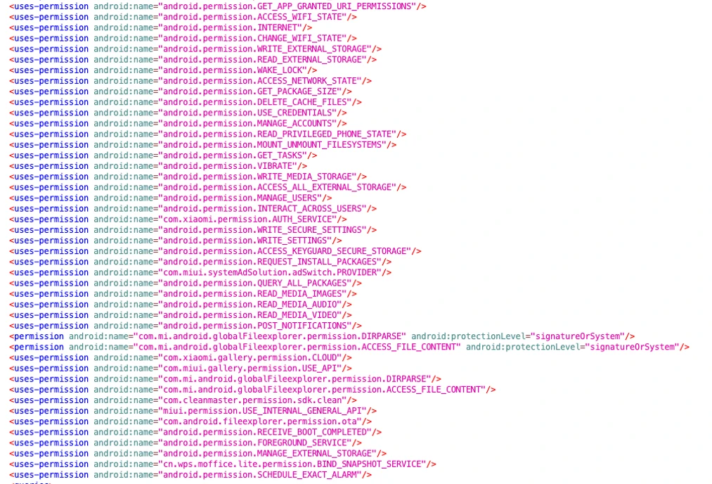 Screenshot of code displaying the app's permissions