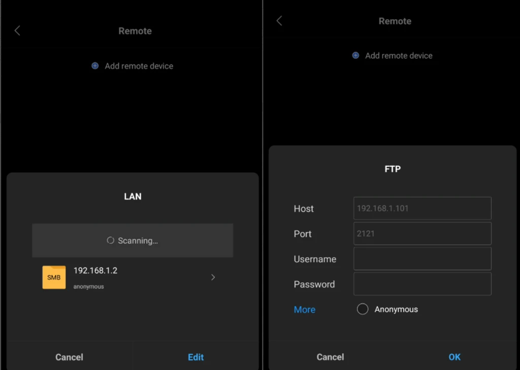 Screenshot of using the file manager to connect to remote shares.