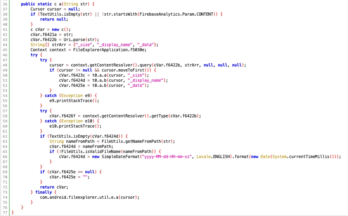 Screenshot of code getting file metadata from the remote content provider.