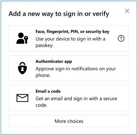 Screenshot che mostra la richiesta di aggiungere un nuovo metodo di accesso.