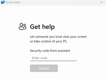 Screenshot of Quick Assist prompt to enter security code