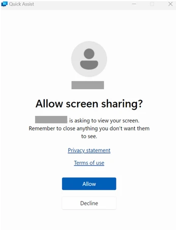 Screenshot of Quick Assist dialog box asking permission to allow screen sharing