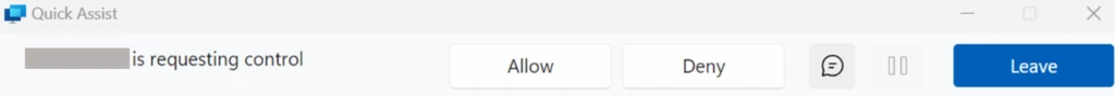 Screenshot of Quick Assist dialog box asking permission to allow control