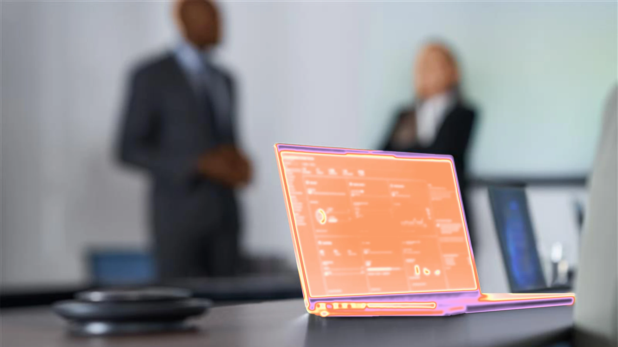 A laptop on a table with two people in the background