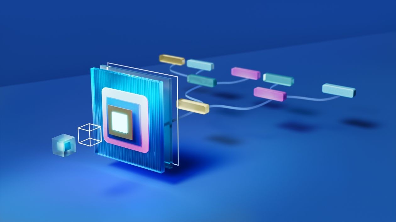 Abstract visualization of AI technology with interconnected, colorful data blocks.