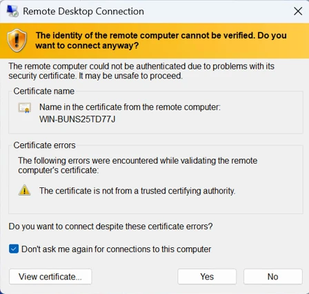 Screenshot of the RedVDS Remote Desktop connection with certificate