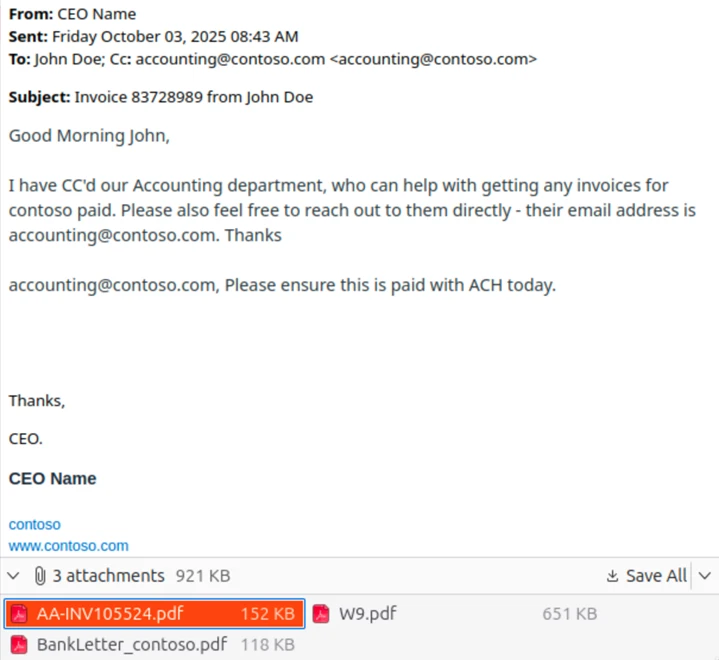 Part of the same email thread which appears to be the company's CEO CCing the accounting department to pay any incoming invoices