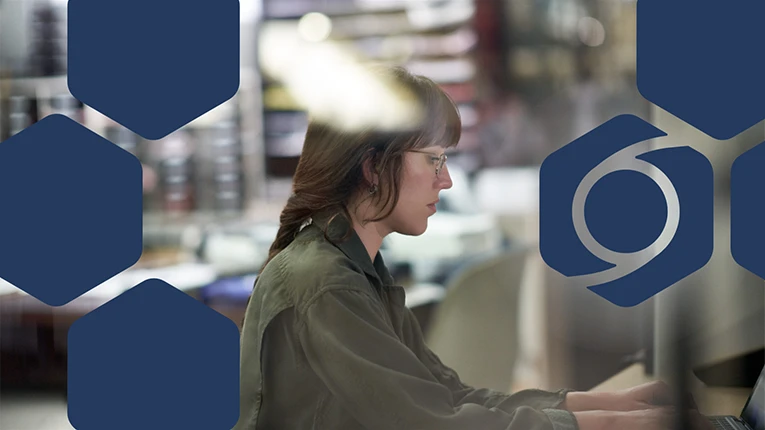 Photo of a woman on a computer, with the Storm actor icon in overlay