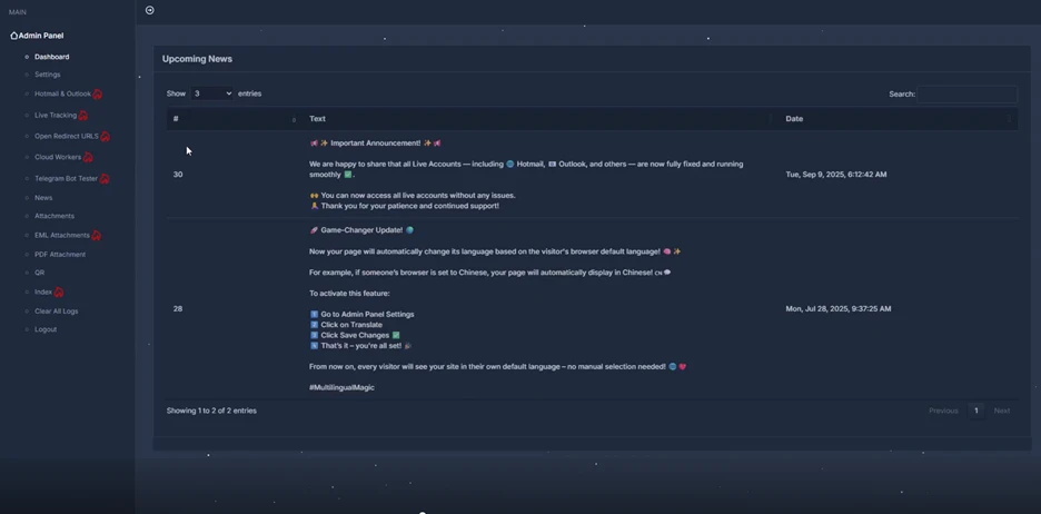 Screenshot of announcement and update info in the Tycoon2FA admin panel