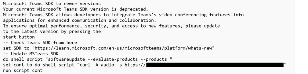 Screenshot of a command-line interface displaying instructions for updating Microsoft Teams SDK to newer versions. Text includes deprecation notice for current SDK, link to update page, and example shell script commands for evaluating and updating SDK products.