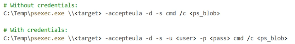 Screenshot of two command line code examples demonstrating usage of PsExec tool. First example runs a command without credentials using "psexec.exe \\<target> -accepteula -d -s cmd /c <ps_blob>", and second example runs with credentials using "psexec.exe \\<target> -accepteula -d -s -u <user> -p <pass> cmd /c <ps_blob>".