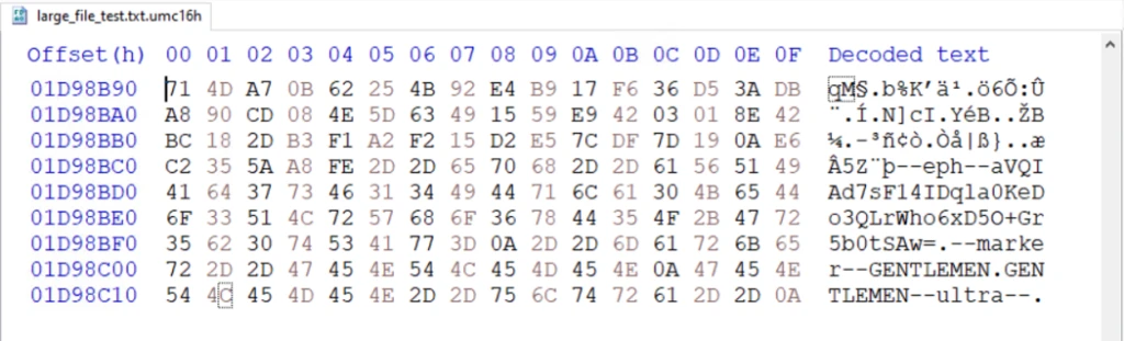 Hexadecimal dump screenshot showing memory offsets, hex values, and decoded text in three columns. Notable decoded text includes phrases like "marke," "GENTLEMEN," and "ultra," with hex values displayed in blue and black for easy differentiation.