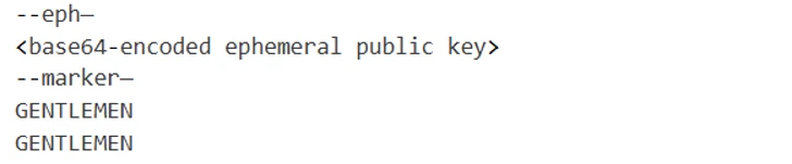 Text excerpt showing a code snippet related to cryptographic key generation with labels such as "ephemeral public key" and markers like "GENTLEMEN."