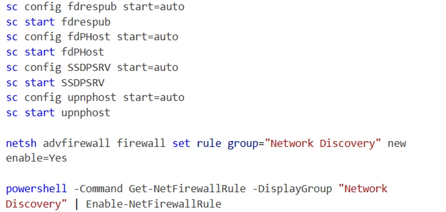 Screenshot of a code snippet showing commands to configure and start Windows services related to network discovery and firewall settings. It includes service control commands for fdrespub, fdPHost, SSDPSRV, upnphost, and firewall rules enabling "Network Discovery" using netsh.