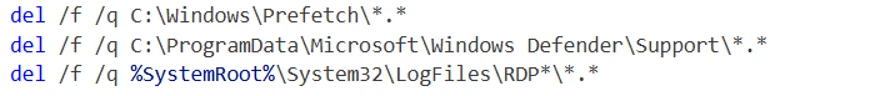 Screenshot of a command prompt window displaying three lines of commands using "del /f /q" to forcefully and quietly delete files in specific system directories. Commands target Prefetch, Windows Defender Support, and LogFiles RDP folders.