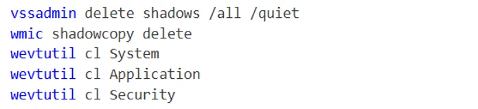 Screenshot of command-line interface showing commands to delete shadow copies on a Windows system. Commands include "vssadmin delete shadows /all /quiet," "wmic shadowcopy delete," and "wevtutil cl" for clearing System, Application, and Security logs.