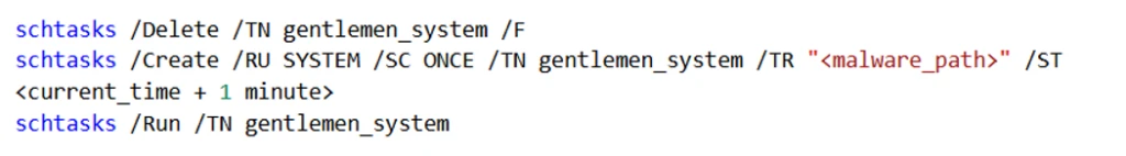 Screenshot of a command-line script using schtasks to delete, create, and run a scheduled task named "gentlemen_system." The script includes a placeholder "<malware path>" indicating potential use for executing malware via a scheduled task with a one-minute delay.